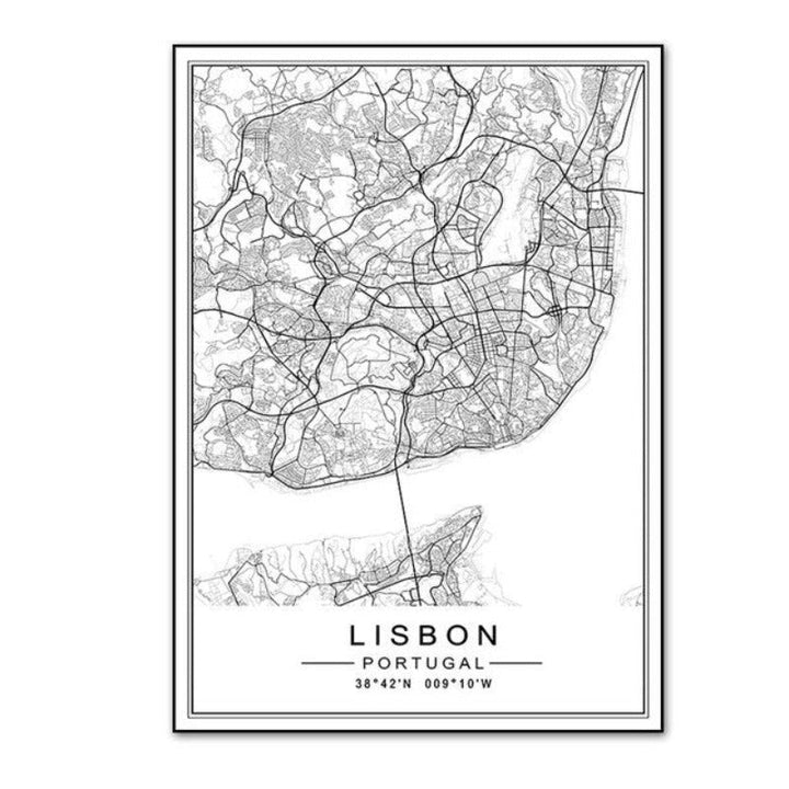 Minimalist City LISBON ZURICH Map Travel - Canvas Wall Art Painting | Bowlift