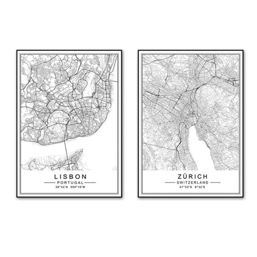 Minimalist City LISBON ZURICH Map Travel - Canvas Wall Art Painting | Bowlift