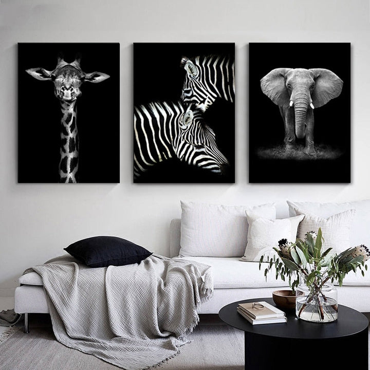 Nature Wildlife Africa Wild Animals Black White  - Canvas Wall Art Painting | Bowlift