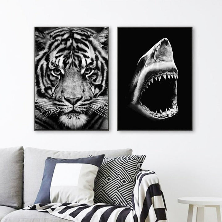 Nature Wildlife Africa Wild Animals Black White  - Canvas Wall Art Painting | Bowlift