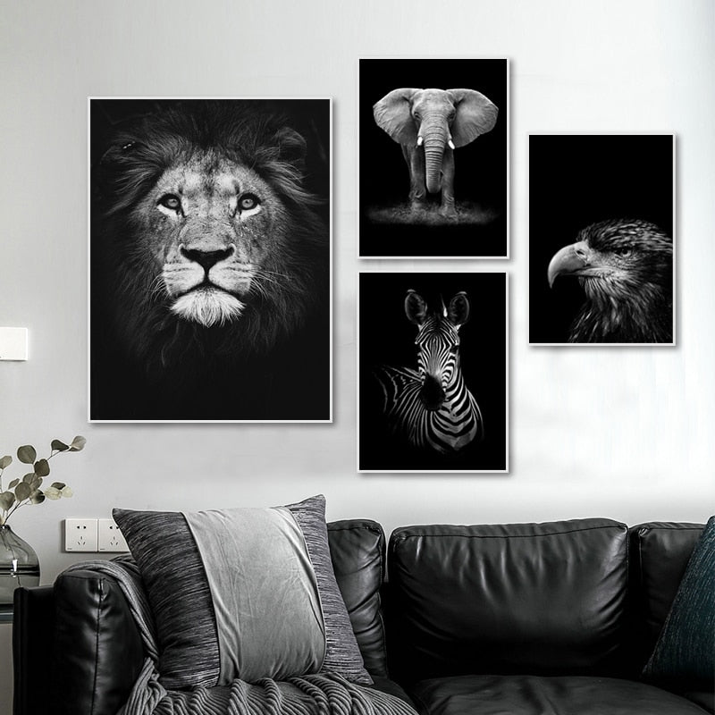 Nature Wildlife Africa Wild Animals Black White  - Canvas Wall Art Painting | Bowlift