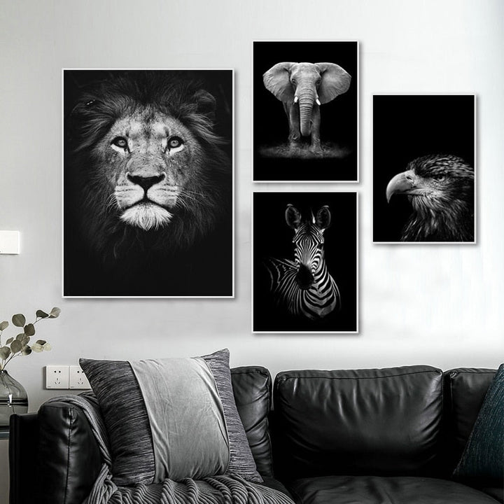Nature Wildlife Africa Wild Animals Black White  - Canvas Wall Art Painting | Bowlift