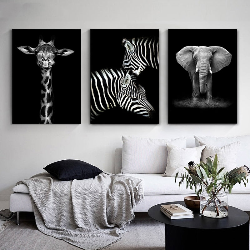 Nature Wildlife Africa Wild Animals Black White  - Canvas Wall Art Painting | Bowlift
