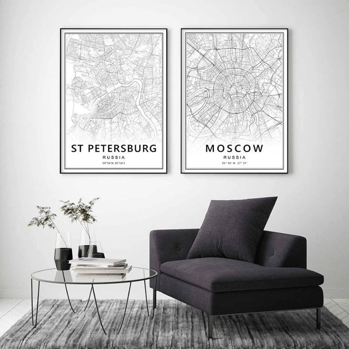 Moscow St Petersburg City Map Russia  - Canvas Wall Art Painting | Bowlift