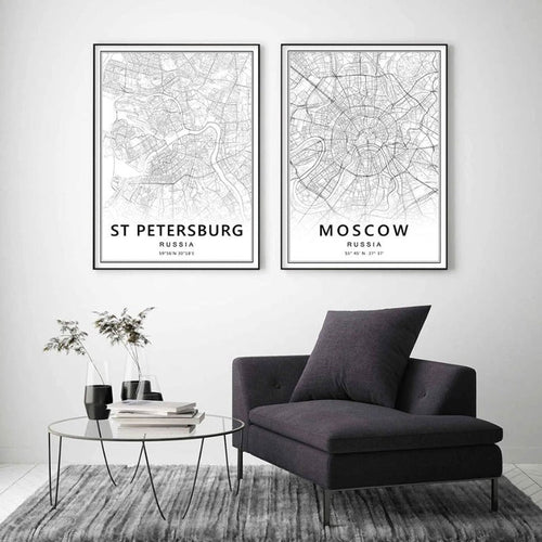 Moscow St Petersburg City Map Russia  - Canvas Wall Art Painting | Bowlift