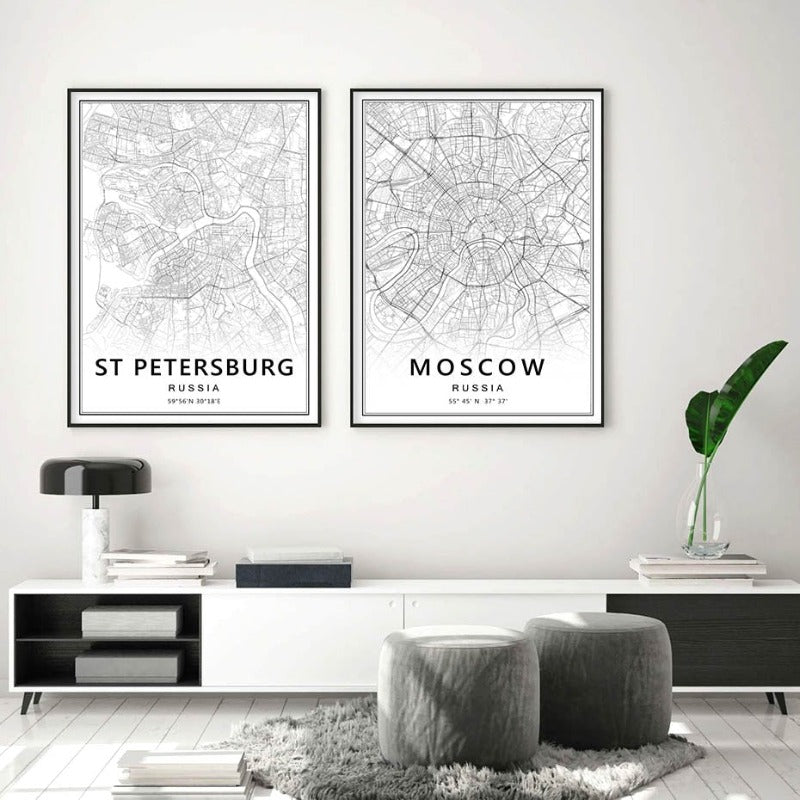 Moscow St Petersburg City Map Russia  - Canvas Wall Art Painting | Bowlift