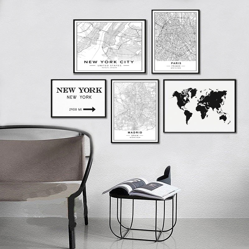 Nordic Minimalist World Famous City Map - Canvas Wall Art Painting | Bowlift