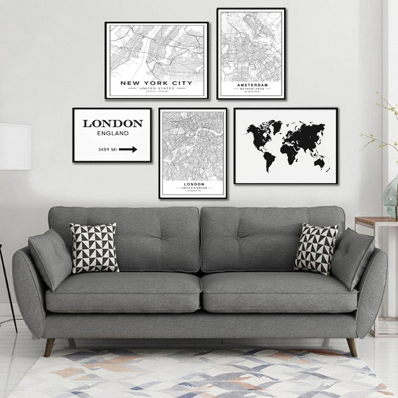 Nordic Minimalist World Famous City Map - Canvas Wall Art Painting | Bowlift