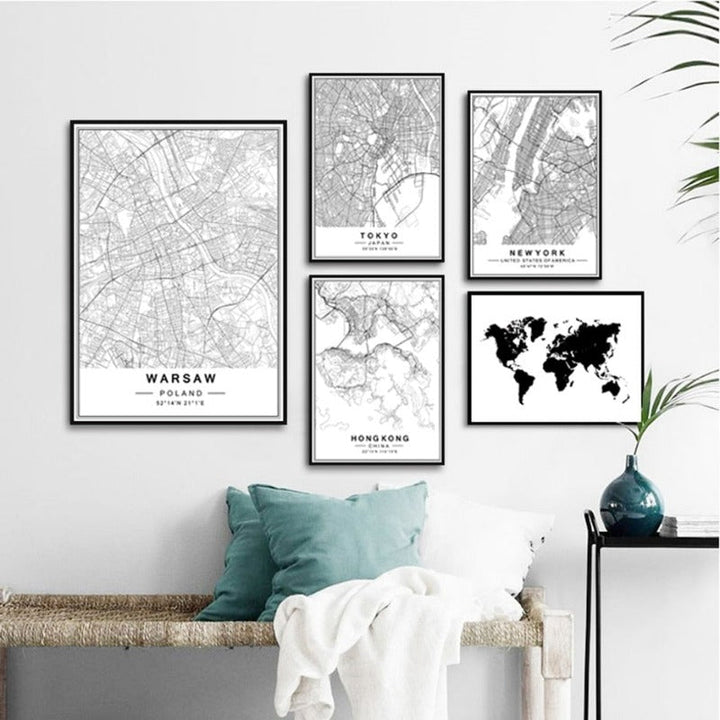 Nordic Minimalist World Famous City Map - Canvas Wall Art Painting | Bowlift