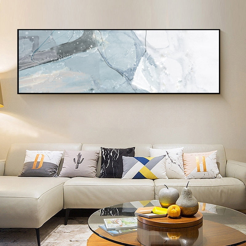 Long Blue Marble Background Bedroom - Canvas Wall Art Painting | Bowlift