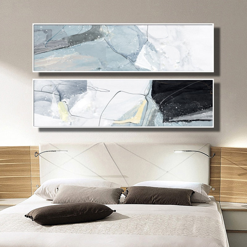 Long Blue Marble Background Bedroom - Canvas Wall Art Painting | Bowlift