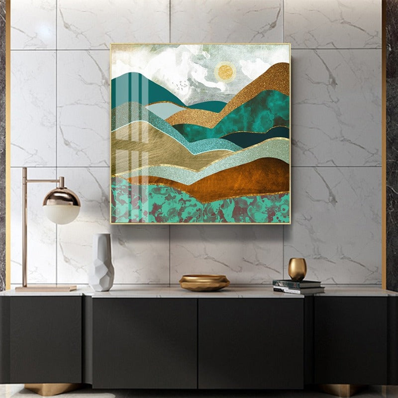 Trendy Green Golden Hills Abstract Scene - Canvas Wall Art Painting | Bowlift