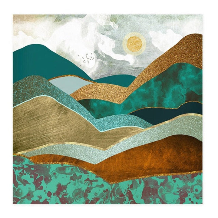 Trendy Green Golden Hills Abstract Scene - Canvas Wall Art Painting | Bowlift