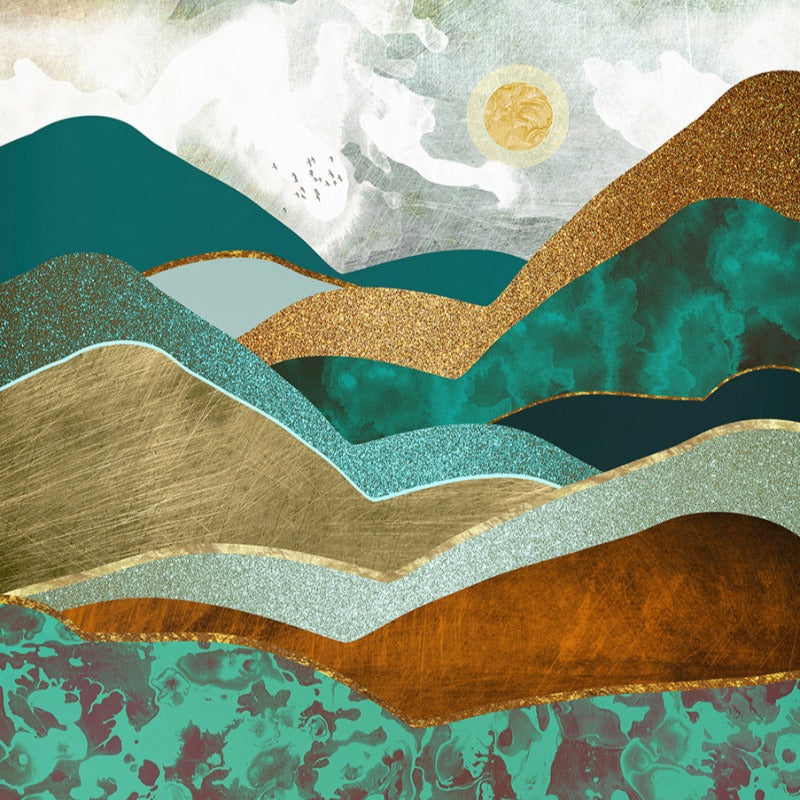 Trendy Green Golden Hills Abstract Scene - Canvas Wall Art Painting | Bowlift