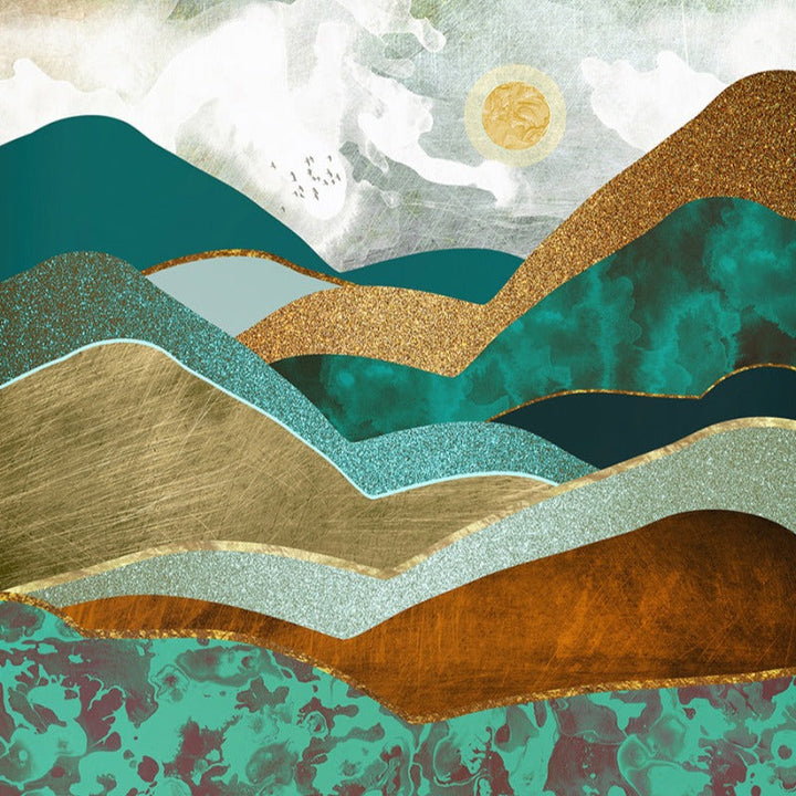 Trendy Green Golden Hills Abstract Scene - Canvas Wall Art Painting | Bowlift