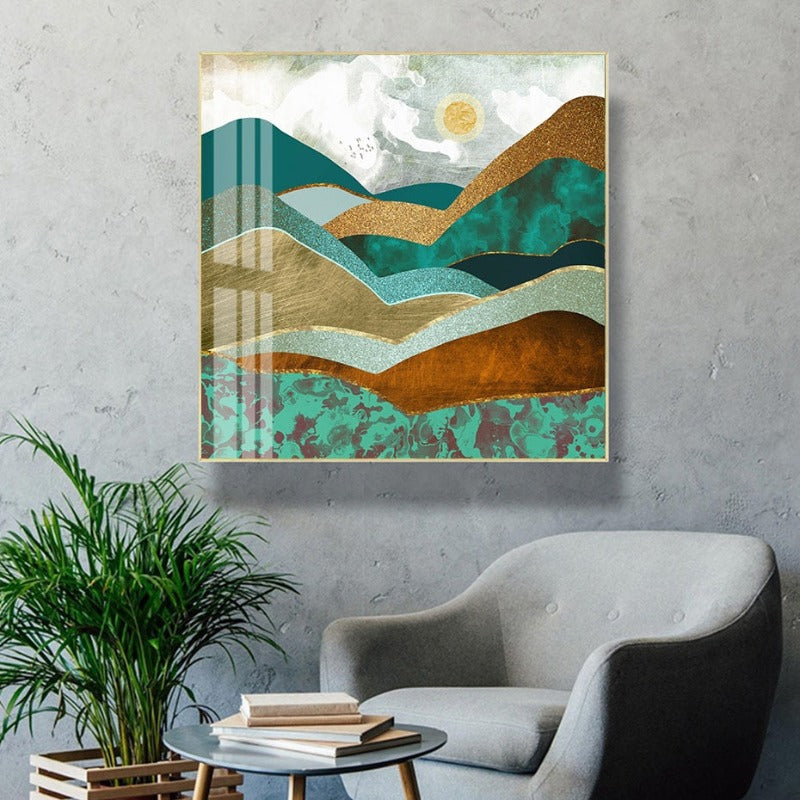 Trendy Green Golden Hills Abstract Scene - Canvas Wall Art Painting | Bowlift