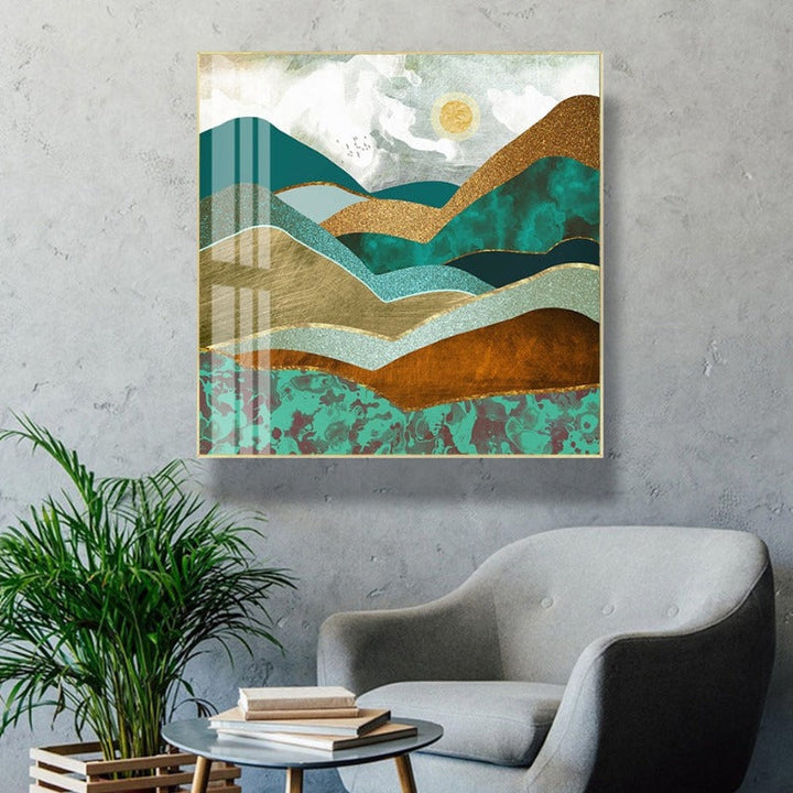 Trendy Green Golden Hills Abstract Scene - Canvas Wall Art Painting | Bowlift