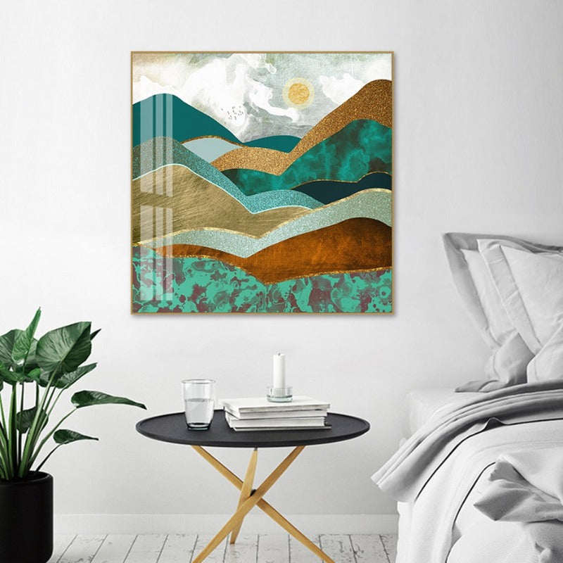 Trendy Green Golden Hills Abstract Scene - Canvas Wall Art Painting | Bowlift