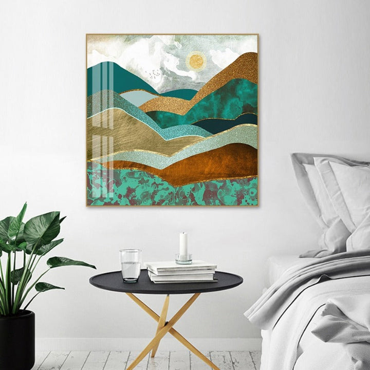 Trendy Green Golden Hills Abstract Scene - Canvas Wall Art Painting | Bowlift