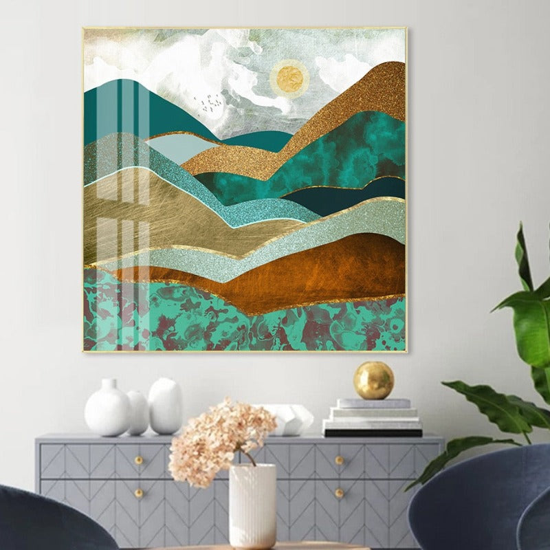 Trendy Green Golden Hills Abstract Scene - Canvas Wall Art Painting | Bowlift