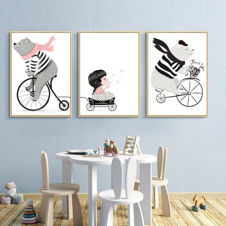 Playing Bear On Bike - Canvas Wall Art Painting | Bowlift