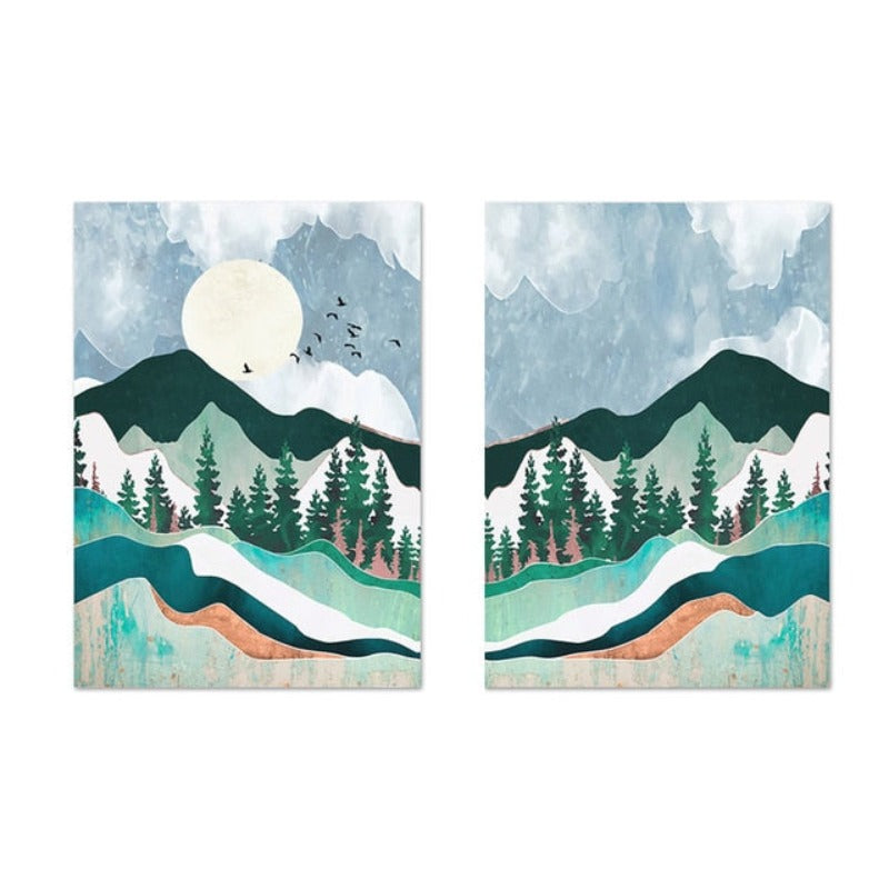 Trendy Abstract Mountain Landscape Mint Green - Canvas Wall Art Painting | Bowlift
