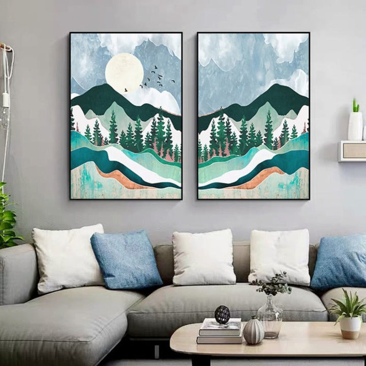 Trendy Abstract Mountain Landscape Mint Green - Canvas Wall Art Painting | Bowlift