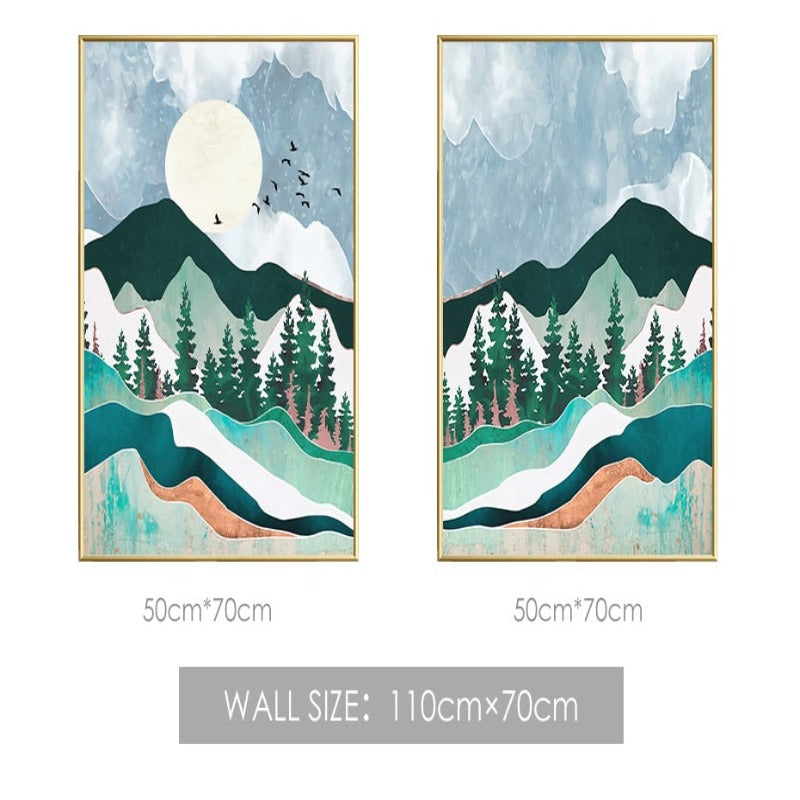 Trendy Abstract Mountain Landscape Mint Green - Canvas Wall Art Painting | Bowlift
