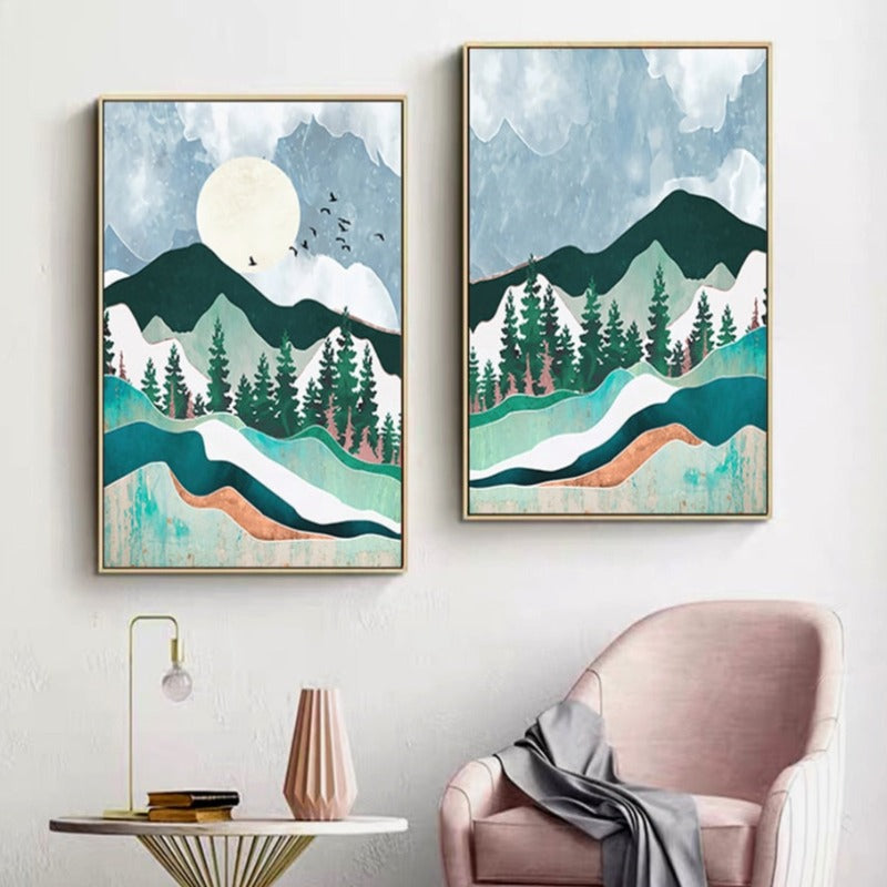 Trendy Abstract Mountain Landscape Mint Green - Canvas Wall Art Painting | Bowlift