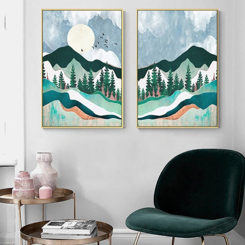 Trendy Abstract Mountain Landscape Mint Green - Canvas Wall Art Painting | Bowlift