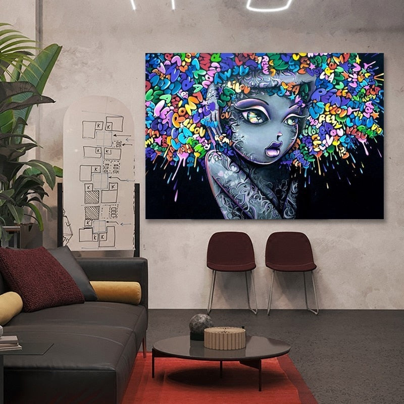 Beautiful Girl Graffiti Creative Hair - Canvas Wall Art Painting | Bowlift
