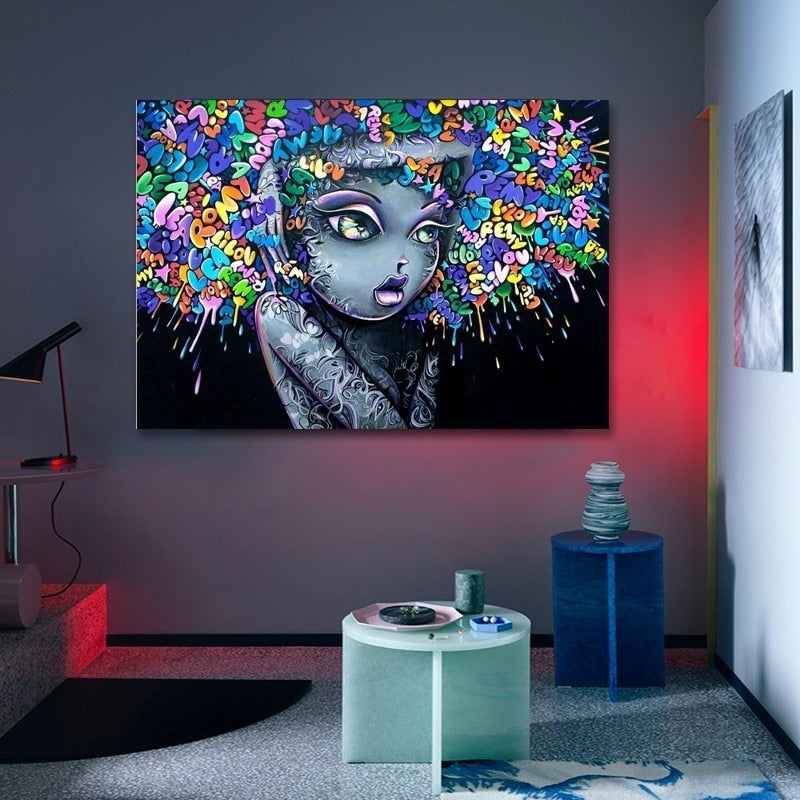 Beautiful Girl Graffiti Creative Hair - Canvas Wall Art Painting | Bowlift