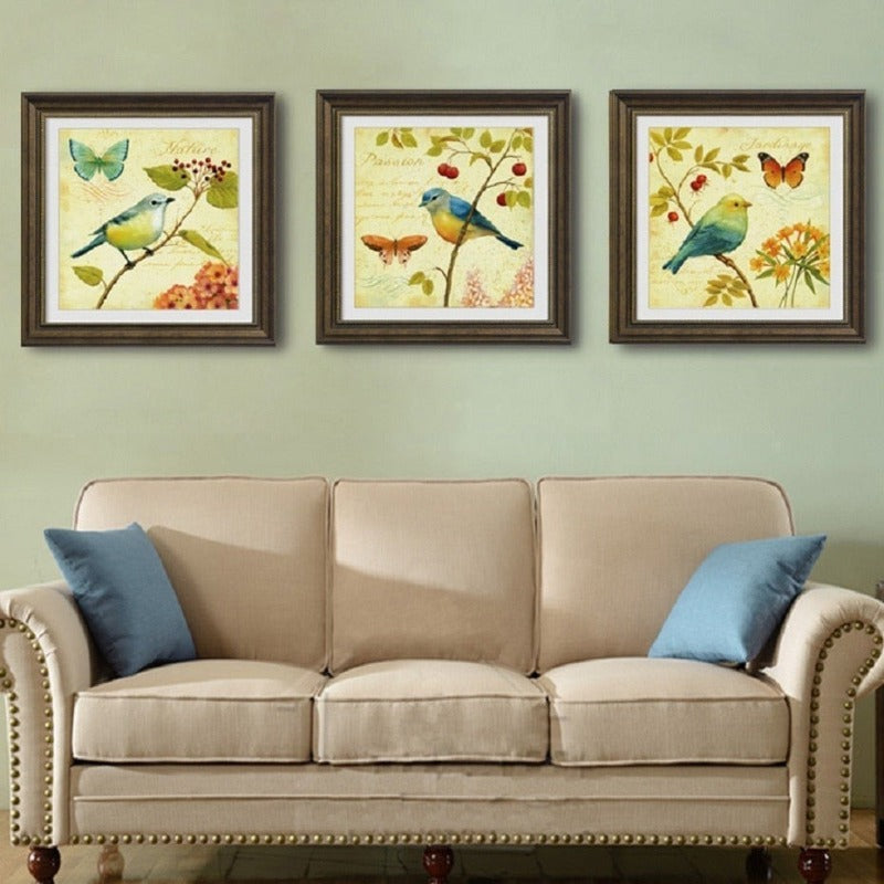 Vintage Europe Birds Butterfly Flowers - Canvas Wall Art Painting | Bowlift