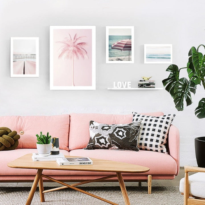 Refreshing Seascape Pink Coconut Tree - Canvas Wall Art Painting | Bowlift