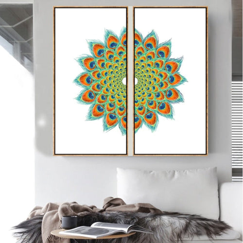 Abstract Symmetrical Peacock Feather - Canvas Wall Art Painting | Bowlift