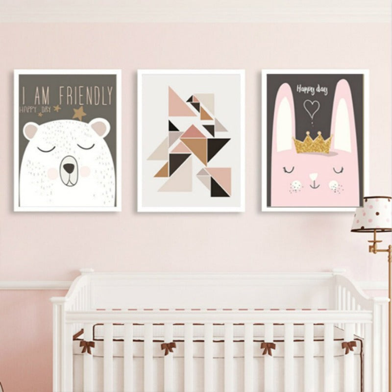 Nordic Friendly Cartoon Bear Rabbit - Canvas Wall Art Painting | Bowlift