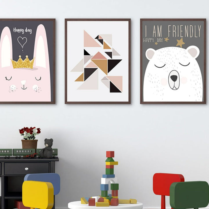 Nordic Friendly Cartoon Bear Rabbit - Canvas Wall Art Painting | Bowlift