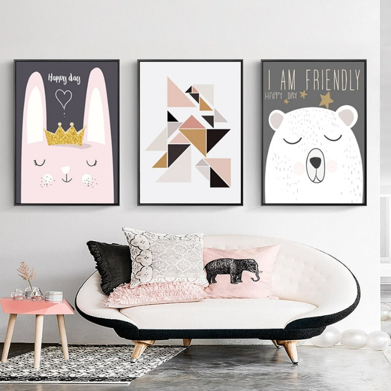 Nordic Friendly Cartoon Bear Rabbit - Canvas Wall Art Painting | Bowlift