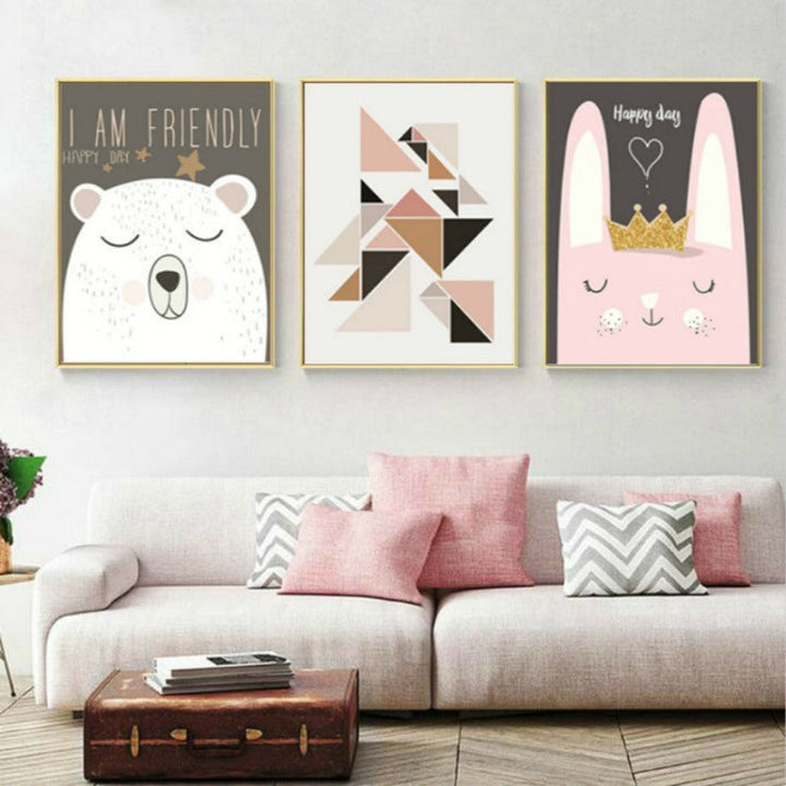 Nordic Friendly Cartoon Bear Rabbit - Canvas Wall Art Painting | Bowlift