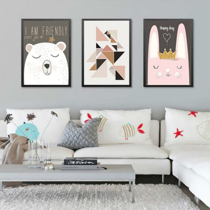 Nordic Friendly Cartoon Bear Rabbit - Canvas Wall Art Painting | Bowlift