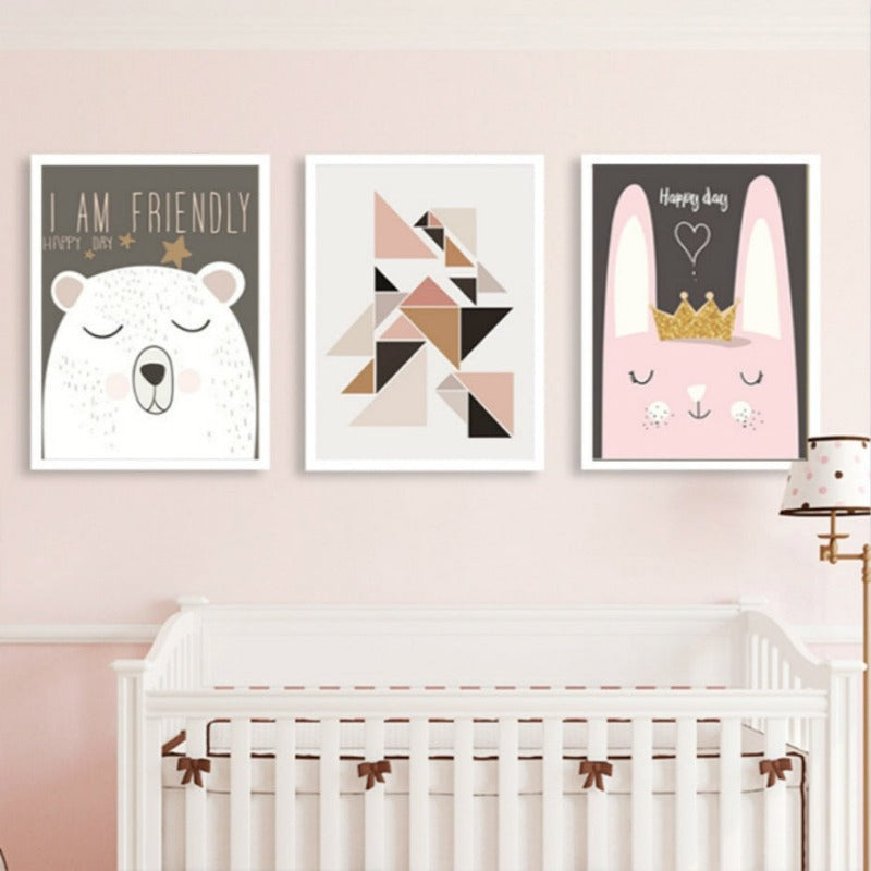 Nordic Friendly Cartoon Bear Rabbit - Canvas Wall Art Painting | Bowlift