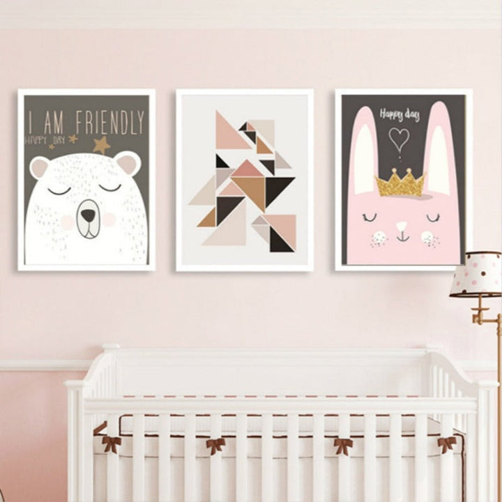 Nordic Friendly Cartoon Bear Rabbit - Canvas Wall Art Painting | Bowlift