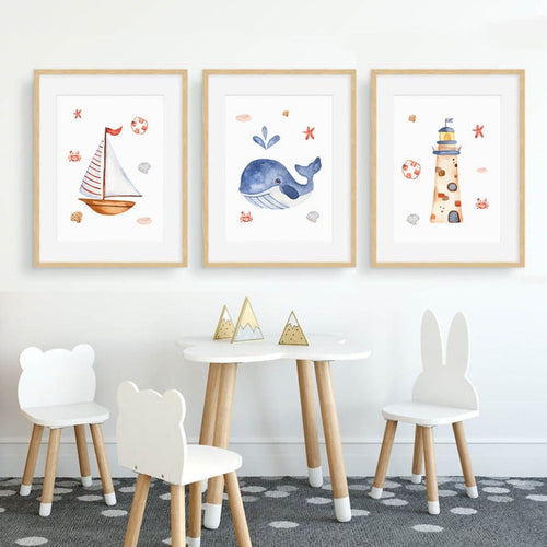 Sailboat Lighthouse Anchor Nursery Boy Wall Art Prints Decor - Canvas Wall Art Painting | Bowlift