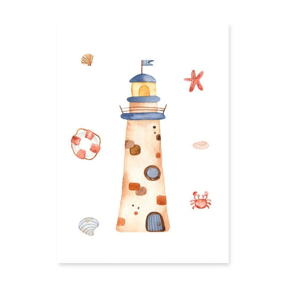 Sailboat Lighthouse Anchor Nursery Boy Wall Art Prints Decor - Canvas Wall Art Painting | Bowlift