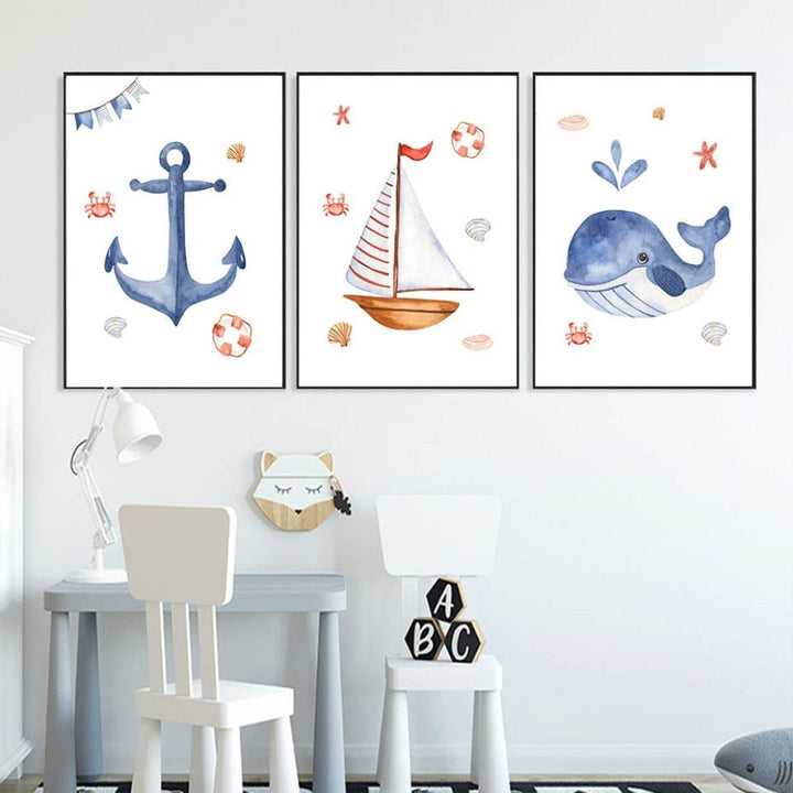 Sailboat Lighthouse Anchor Nursery Boy Wall Art Prints Decor - Canvas Wall Art Painting | Bowlift