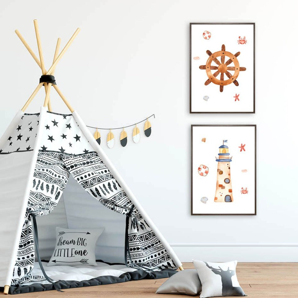 Sailboat Lighthouse Anchor Nursery Boy Wall Art Prints Decor - Canvas Wall Art Painting | Bowlift