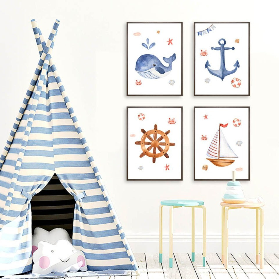 Sailboat Lighthouse Anchor Nursery Boy Wall Art Prints Decor - Canvas Wall Art Painting | Bowlift