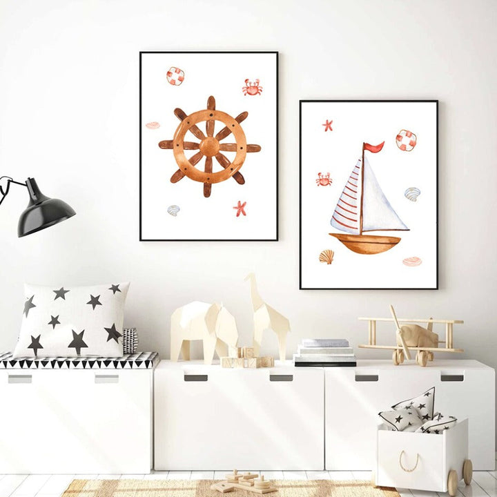Sailboat Lighthouse Anchor Nursery Boy Wall Art Prints Decor - Canvas Wall Art Painting | Bowlift