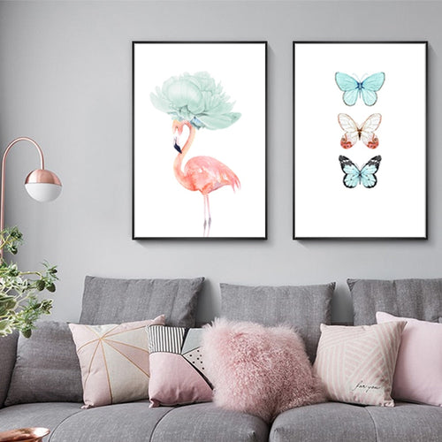 Butterfly Feather Flamingo - Canvas Wall Art Painting | Bowlift