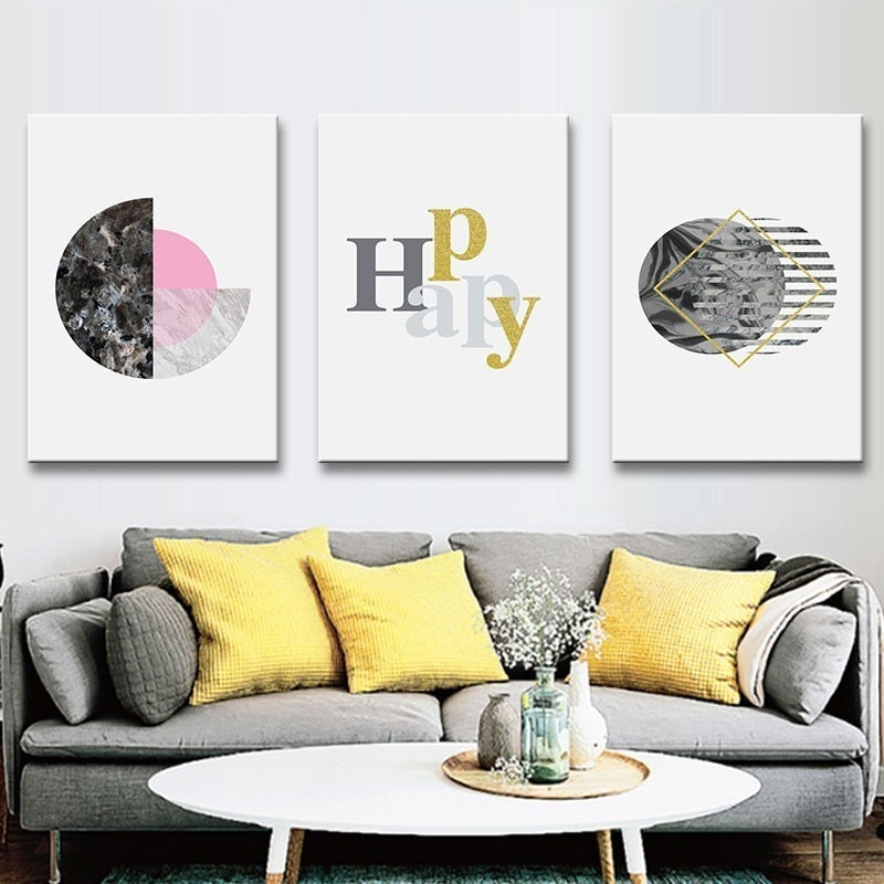Modern Abstract Geometry Gold Letters - Canvas Wall Art Painting | Bowlift